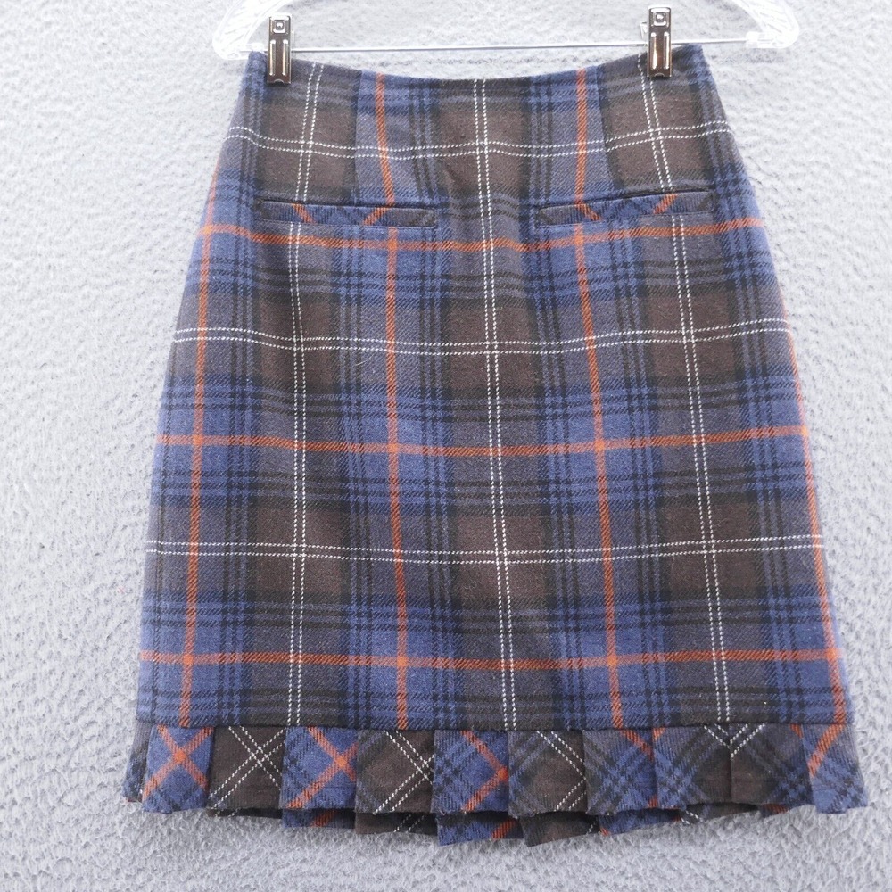 Cabi Womens Wool Blend Pencil Skirt 2 Blue Brown Tartan Plaid Pleated Ruffle Hem